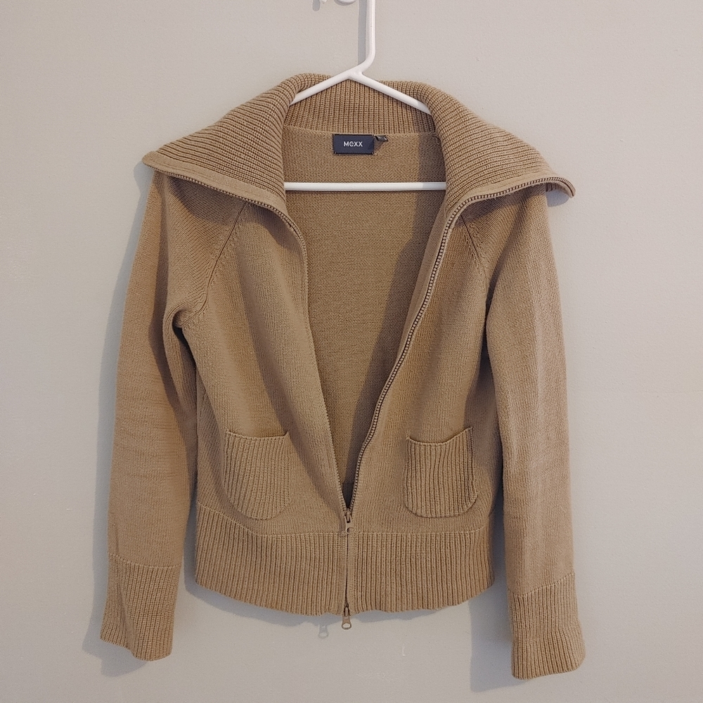 Mexx Women's Sz M Tan Cotton Blended High Collared Zip Up Sweater